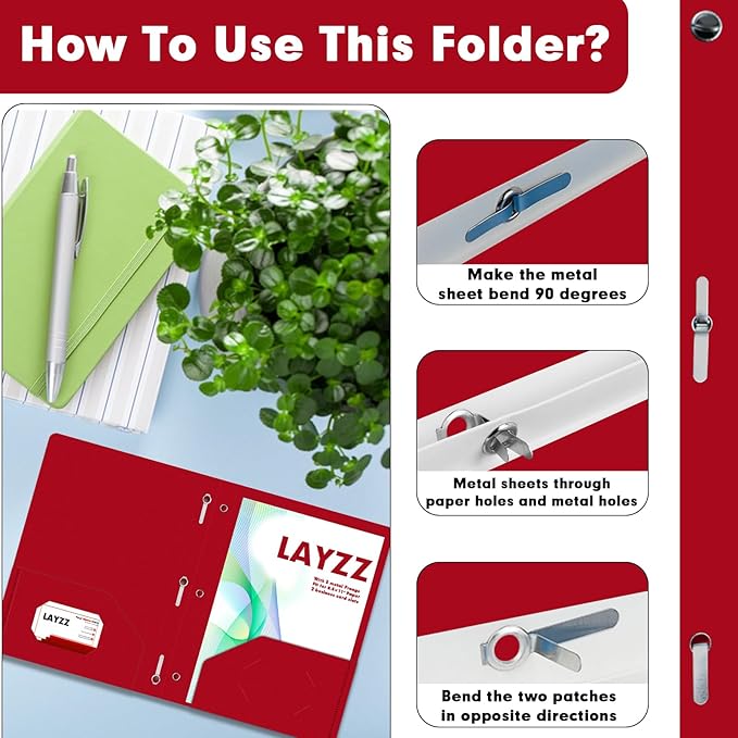 Plastic 2 Pocket Folders with Prongs, 30 Pack, Heavyweight, Letter Size Poly Folders with 3 Metal Prongs Fastener Clips (Red)