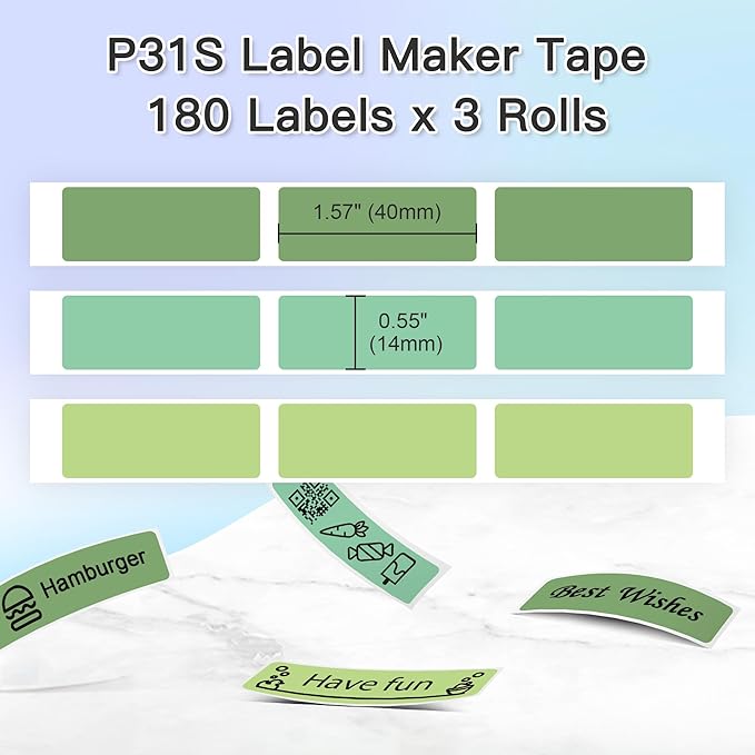 POLONO Genuine P31S Label Maker Tape, Adapted Label Print Paper, Labels Refill for Home/Office, 14x40mm(0.55"x1.57"), Compatible with P31S Label Maker, 540 Labels/3 Roll, Light Green/Green/Dark Green
