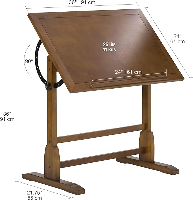 SD Studio Designs Vintage Rustic Oak Top Adjustable Drafting Craft Drawing Hobby Table Writing Studio Desk, 36''W x 24''D
