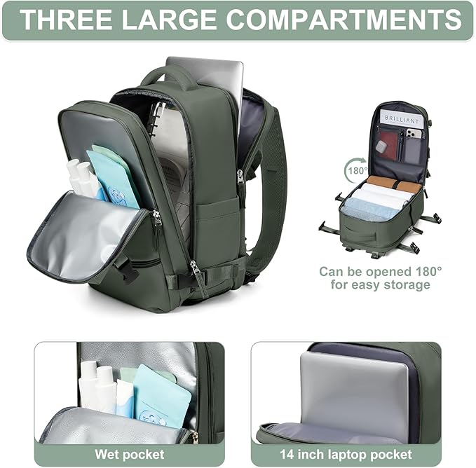 Travel Backpack Simple Durable Carry On Backpack with Shoe Compartment, Personal Item Travel Bag Flight Approved, Water Resistant Laptop Backpack for Women Men Weekender Business, Sage Green
