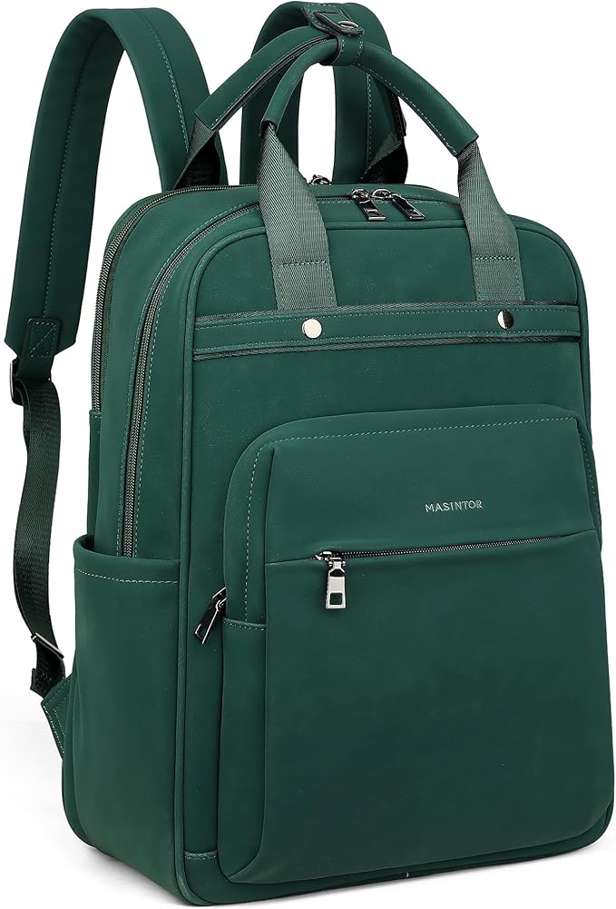 MASINTOR Leather Laptop Backpack for Women, Stylish Computer Backpack College Business Work Shoulder Bags Work and Travel Retro Green