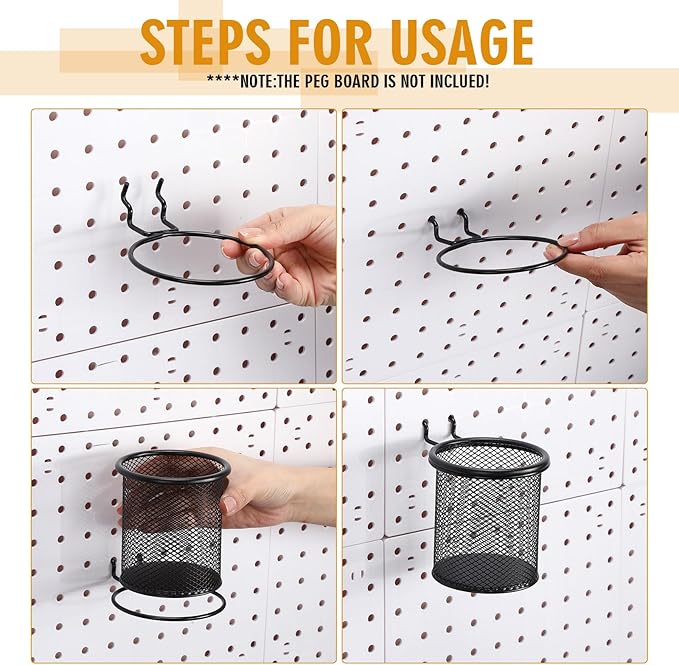 Spakon 6 Sets Pegboard Cups with Ring Hook Pegboard Bin Holder Pegboard Organizer Multipurpose Pen Cup Metal Pencil Holder Peg Board for Desk Office Garage (Black,2.95x2.95x3.74'',Straight)