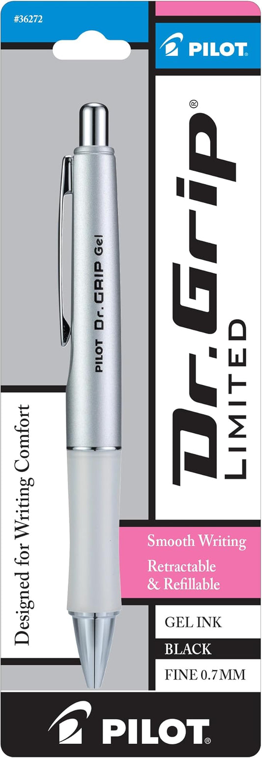 PILOT Dr. Grip Limited Refillable & Retractable Gel Ink Rolling Ball Pen, Fine Point, Metallic Platinum Barrel, Black Ink, Single Pen (36272)