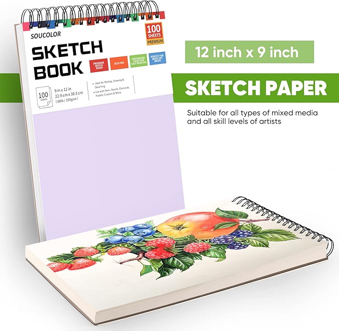 Soucolor 9" x 12" Sketch Book, Christmas Gifts for Women, Birthday Gifts for Women, Thank You Gifts, Stocking Stuffers Gift Set, 2 Packs 100-Sheets Each (68lb/100gsm) Drawing Pad for Women and Girls