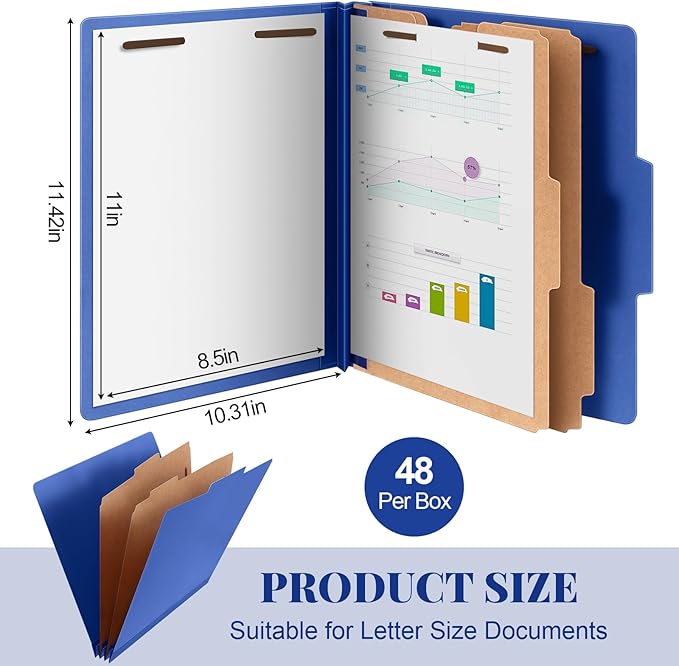 48 Pcs Classification Folders Bulk 2 Dividers File Folder with Fastener 2 Prongs Letter Size Pressboard Filefolders with 3.5 Inch Expansion for Organize Office Medical Document (Dark Blue)