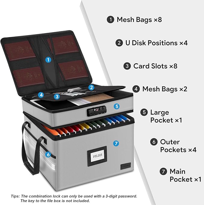 Fireproof Document Box with Lock, 2-Layer File Box Storage Organizer with 5 Tabs& Insert, Portable File Cabinet Storage Box with Handle for Hanging Letter/Legal Size Folder/Certificate, Silver Grey