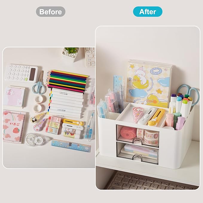 Pen Holder, Office Desk Organizer with Drawer, Pencil Holder for Desk Multi-Functional Pencil Pencil Cup Desktop Stationary Organizer Storage for Office School Home Art Supplies White