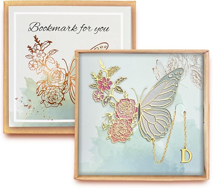 Metal Butterfly Bookmark for Women Cute Book Lovers Gift Butterfly Bookmarks Inital Book Mark Gifts for Reading Women Friend Teacher Appreciation Gifts Mom Birthday Valentines Day Christmas Gift, D