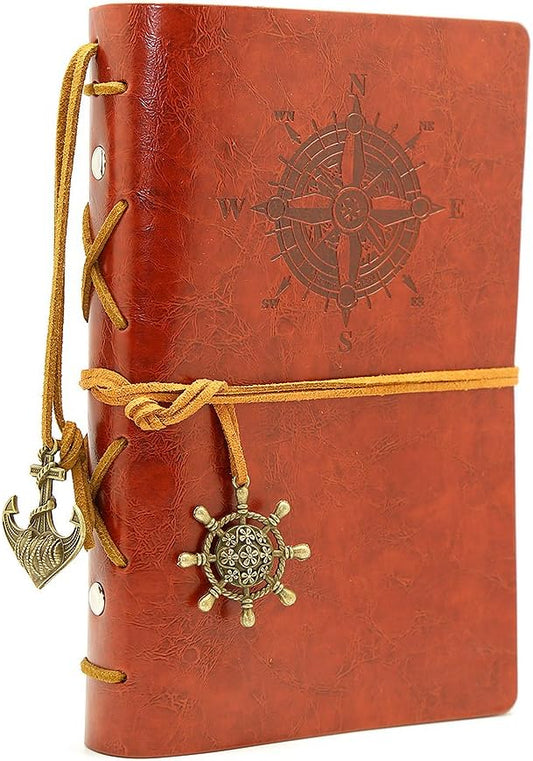 EvZ Leather Writing Journal Notebook, 7 Inches Vintage Nautical Spiral Blank String Diary Notepad Sketchbook Travel to Write in, Unlined Paper, Retro Pendants, Classic Embossed, Red Brown