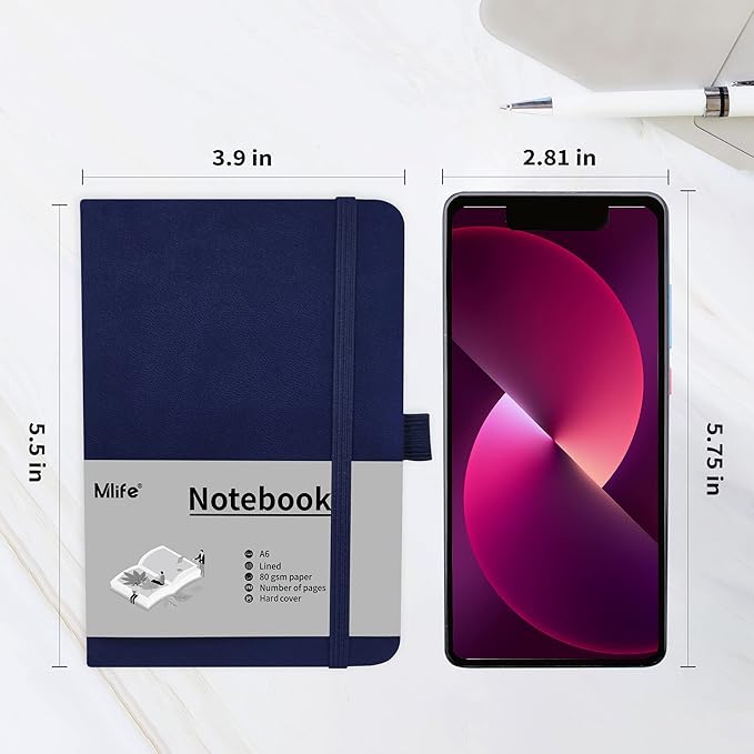 A6 Small Journal Notebook, Lined Pocket Notebook with Pen Holder, Mini Notebook Hardcover, 192 Pages, 3.9 inches * 5.5 inches Jurnal for Women and Man (Blue)