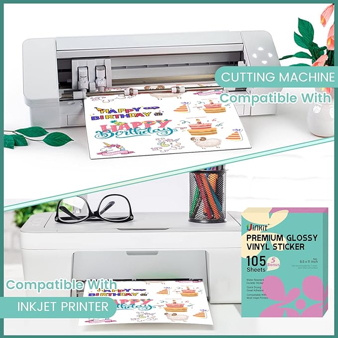 Uinkit 105 Sheets Premium Printable Vinyl Sticker Paper for Inkjet Printer Cricut,included 100Sheets Glossy and 5Sheets Transparent Label Waterproof Adhesive Dries Quickly Tear-Resistant, Removable