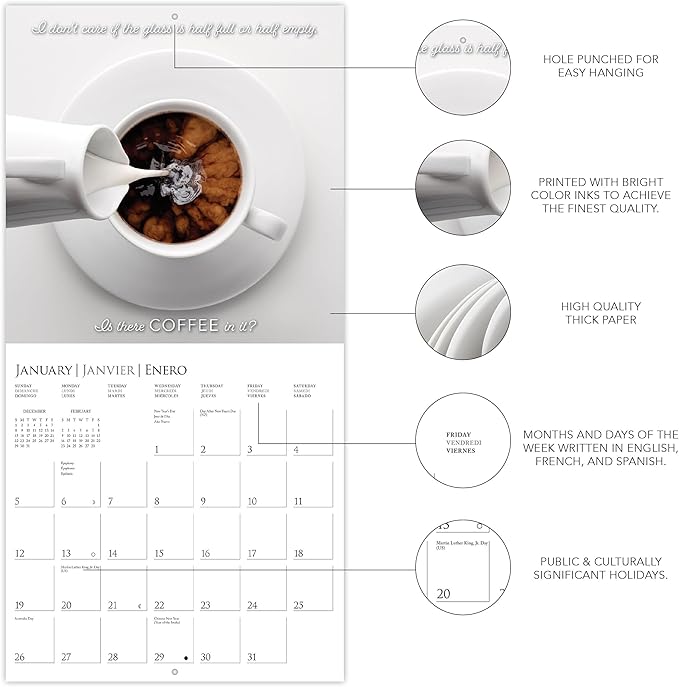 Graphique 2025 Coffee Wall Calendar | 12” x 12” | Thick Paper | Home & Office Organizer | Large Monthly Grid | 3 Languages & Marked Holidays | 4 Month Preview Page for 2026