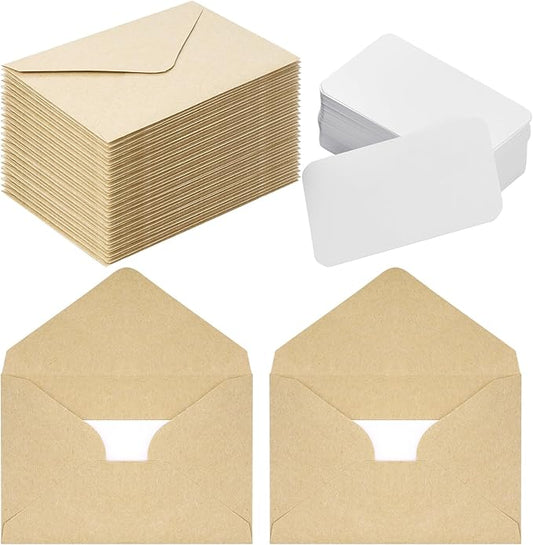 jiebor 100 Sets Small Kraft Envelopes with Small Blank Gift Business Card Wedding Invitation Pocket Envelopes for Graduations Wedding Shower Holiday 4.37 x 2.91 Inch Brown