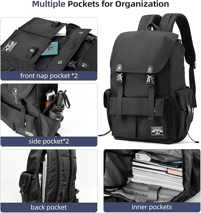 Black Backpack Men, 17.3 Inch Laptop Backpack for Men, Drawstring Anti-theft Waterproof Tech Backpacks with Laptop Compartment