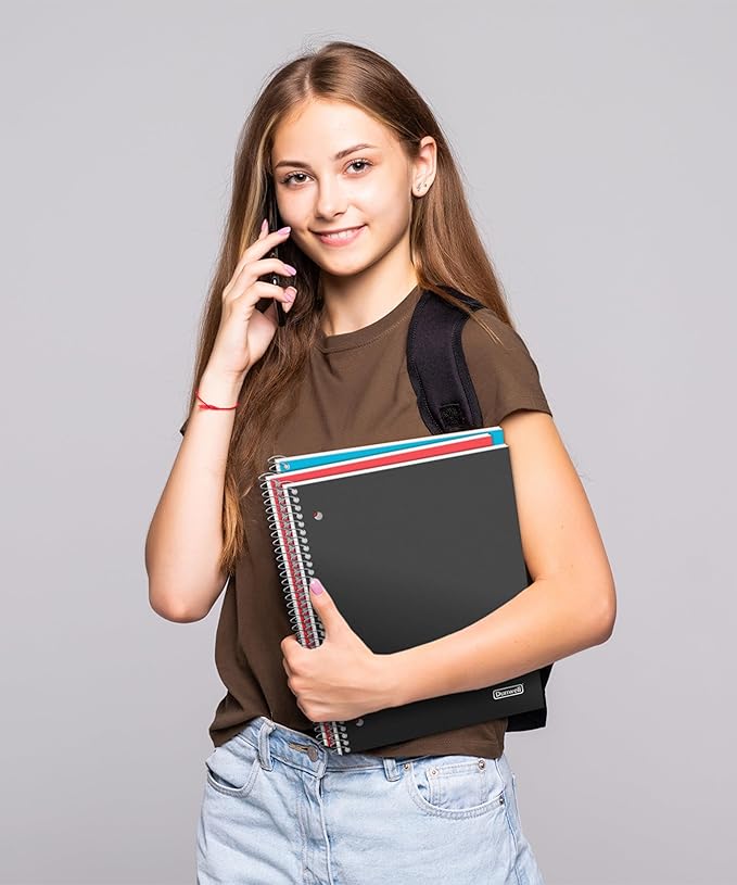 Dunwell Graph Paper Notebook 8.5 x 11 (3-Pack Red Blue Black) Plastic Cover, 100 Sheets (200 Pages), Perforated 3-Hole Punched, 4x4 Squares, Spiral Notebook, 1/4" Grid, Divider with Pockets