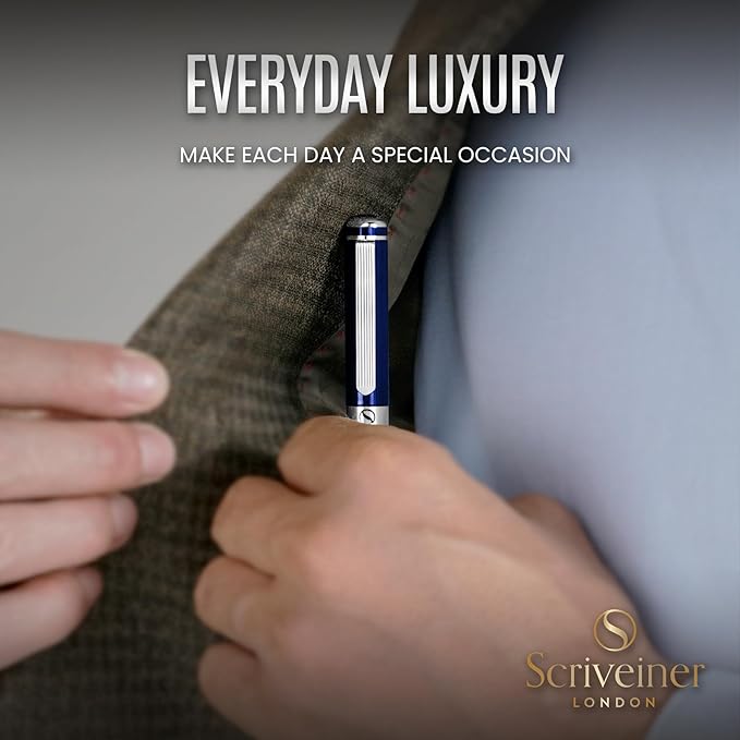 Scriveiner Personalized Midnight Blue Pen - Stunning Blue Lacquer Luxury Pen, Chrome Finish, Schmidt Ink Refill, Best Engraved Ball Point Gift Set for Men & Women, Custom Name Engraving