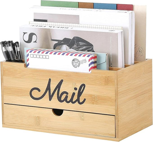 Qozary Mail Organizer Countertop - Adjustable Compartment Mail Letter Holder with Drawer, Bamboo Mail Sorter for Desk, Desktop File Organizer Holder, Desk Accessories Organizer for Home Office