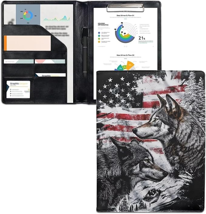 Cozeyat Portfolio Organizer Padfolio for Men American Flag Wolf PU Leather Portfolio A4 PU Leather Conference Folder Letter Size Document Organizer Binder