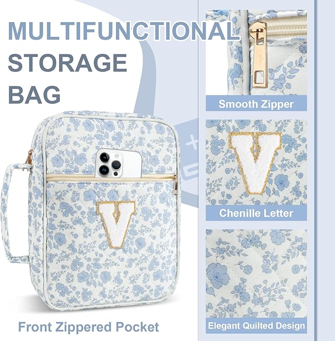 Personalized Initial Bible Cover Case for Women Girls Kid - Large Quilted Bible Case with Handle, Stylish Chenille Letter Bag Study Supplies, Perfect Christmas Gifts for Christians (Blue Flower-V)