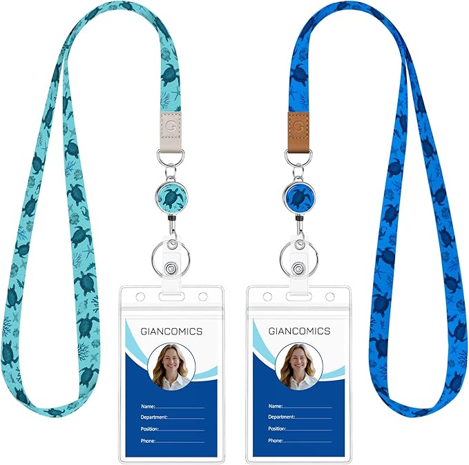 Giancomics Lanyards for Cruise Ships Cards Key, Turtle Lanyards with Retractable Badge Reel, Cute Waterproof ID Badge Holder Cruise Essentials Must Haves Zip Type Card Protector 2 Pack
