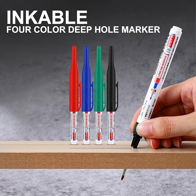 4 Pcs Multi Purpose Deep Hole Marker Pens,Long Nib Head Marker Waterproof Colorful Carpenter Pen for Bathroom Woodworking Decoration,Red Black Blue Green Ink Permanent Markers Marker Pens (Blue)