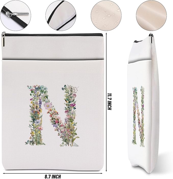 Monogrammed Book Sleeve Floral N Initial Book Pouch Book Accessories Book Lovers Gifts Waterproof Book Cover Book Protector Bookish Gifts Personalized Gifts for Women Girls Readers Bride Wife