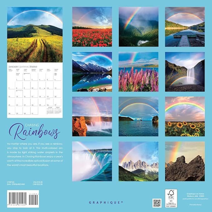 Graphique 2024 Chasing Rainbows Wall Calendar | 12” x 12” | Thick Paper | Home & Office Organizer | Large Monthly Grid | 3 Languages & Marked Holidays | 4 Month Preview Page for 2025
