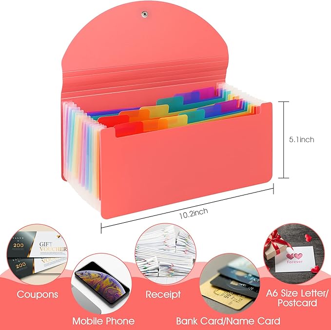 2 Pack 13 Pockets A6 Mini Coupon Organizer Wallet, Expandable Accordion File Organizer for Storage Receipt Cards Coupons Tickets - Pink