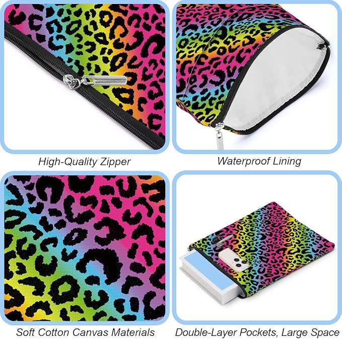 2 Pack Rainbow Leopard Print Book Sleeve, Books Protector，Books Pouch， Book Lovers Gifts，Bookish Gifts Waterproof Cover with Zipper，Leopard Decor Gift Bag for Women Girls Manager Christmas