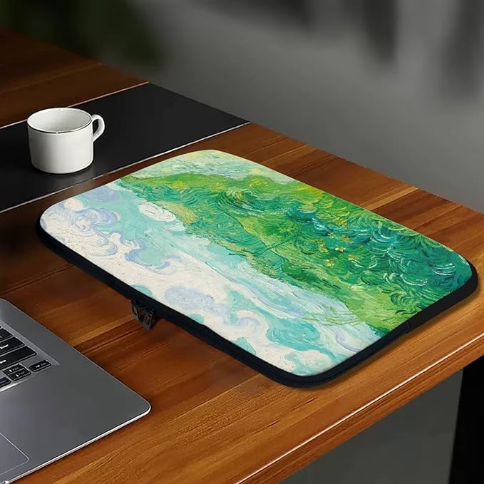 Green Wheat Fields Laptop Sleeve Case for Women Men Trendy Van Gogh Painting Laptop Protector with Multiple Uses Made of Premium Neoprene Material 12 Inch Tablet Bag for Friends