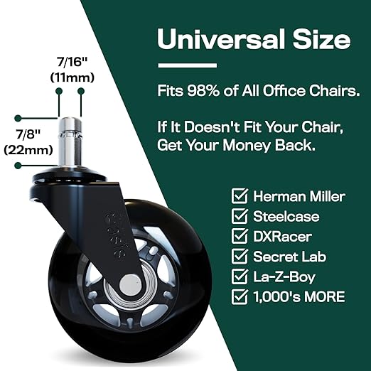 The Office Oasis Original Rollerblade Office Chair Wheels (As Seen On PBS) - Smooth & Quiet Casters - Safe for Hardwood Floors & Carpet - Easy Installation with Universal Fit - Set of 5 - Black