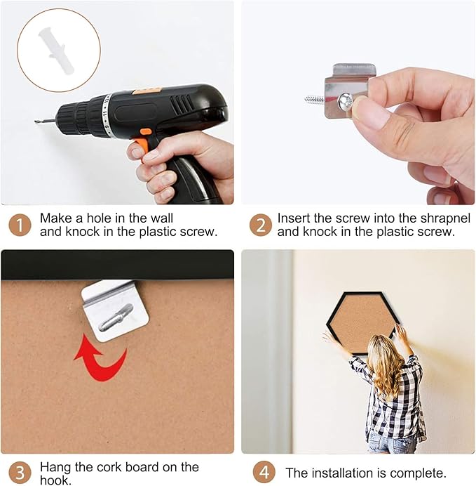 Cork Bulletin Board Hexagon Black, Small Framed Corkboard Tiles for Wall, Thick Decorative Display Boards for Home Office Decor, School Message Board with 16 Push Pin Wood Clips (4 Pack)