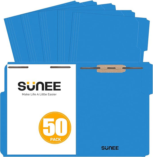 SUNEE File Folders with Fasteners, Manila Folders Letter Size, 2 Reinforced Fasteners, 1/3-Cut Tab, Blue Folders 50 Pack, Keep Organized for Your Office Documents School Files