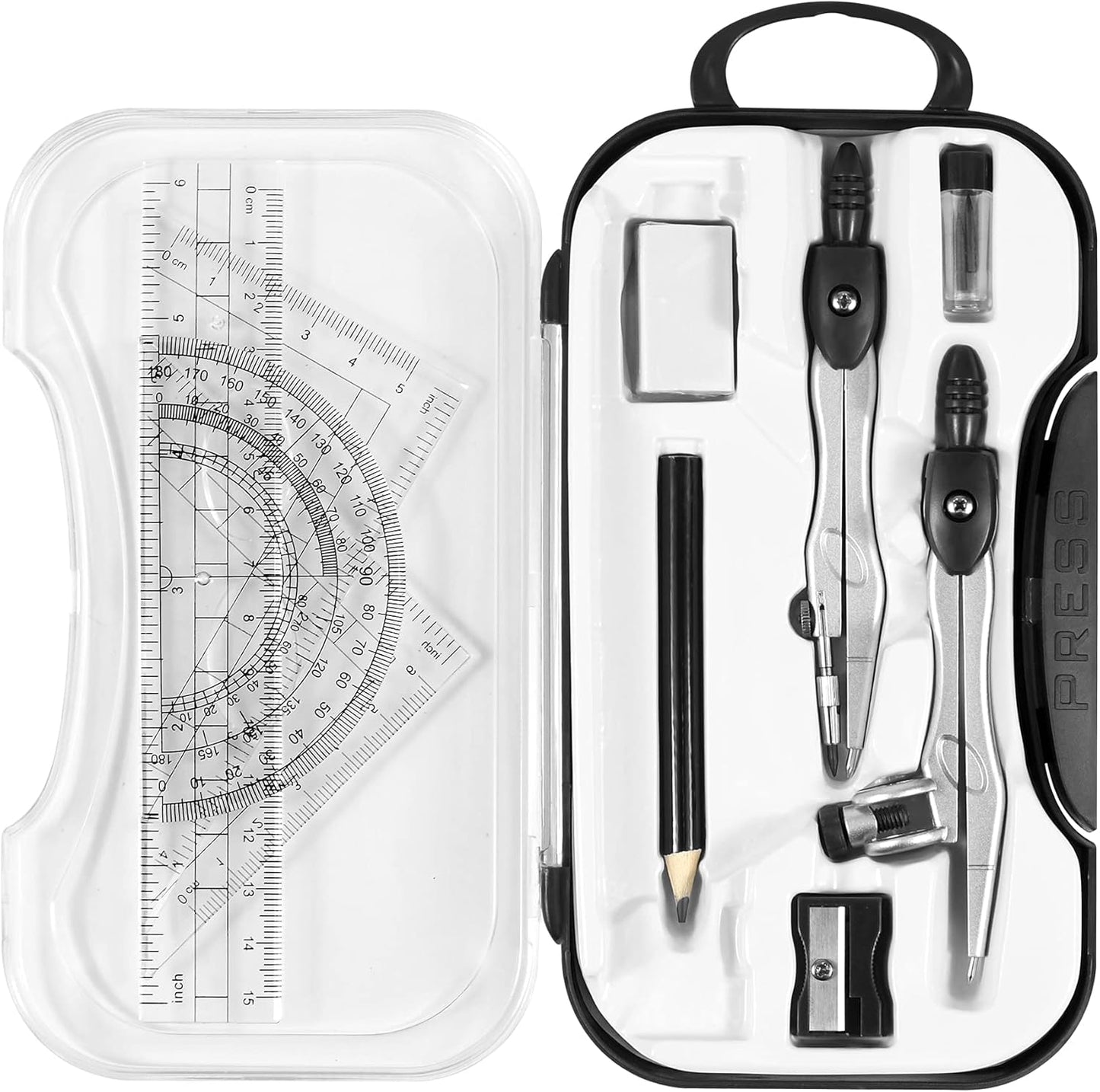 Math Geometry Kit Sets 10 Piece Student Supplies with Shatterproof Storage Box,Includes Rulers,Protractor,Compass,Eraser,Pencil Sharpener,Lead Refills,Pencil,for Drafting and Drawings（Black）