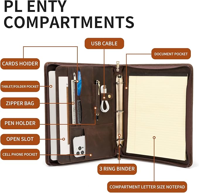 YIWEN Handmade Crazy-Horse Leather 3 Ring Binder Portfolio Padfolio Folder with Zipper for Men and Women, Business Organizer for Letter A4 Size for Meeting and Travel (Non-custom, Dark Khaki)