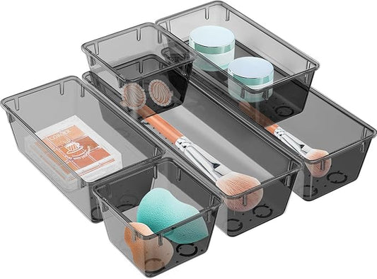 WOWBOX 12 Pack Clear Drawer Organizer Set, Acrylic Drawer Storage Trays, Storage Bins for Makeup, Cosmetics, Jewelries, Utensils, Gadgets, Office, Black