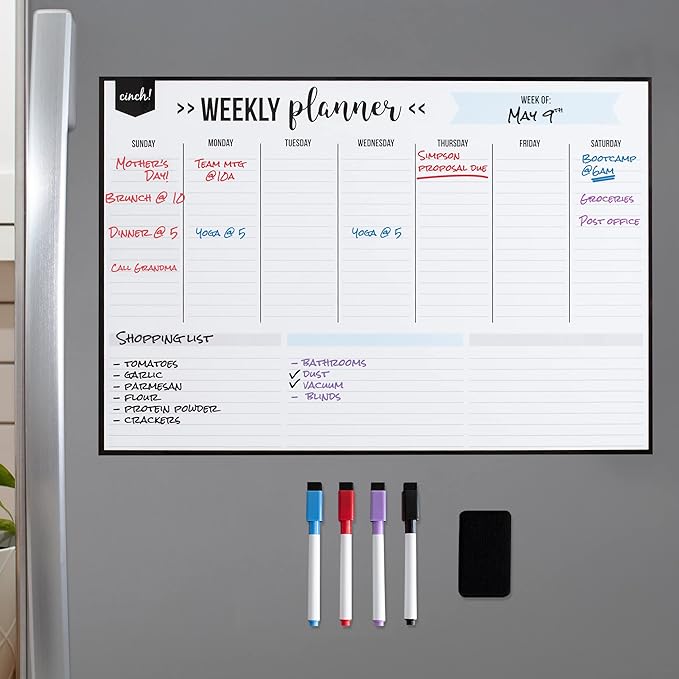 Cinch! 19x13-Inch Magnetic Whiteboard for Fridge - Weekly Calendar and Meal Planner - Stain Resistant Dry Erase Board with 4 Fine Tip Markers and Eraser - Magnetic Weekly Planner for Easy Scheduling