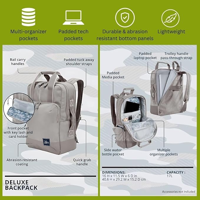 Skyway Luggage Rainier Deluxe Backpack, Eco-Friendly, Made of 100% rPET Travel Laptop Bag for Women & Men, Flight Approved Carry On Backpack, 17L, Crater Black