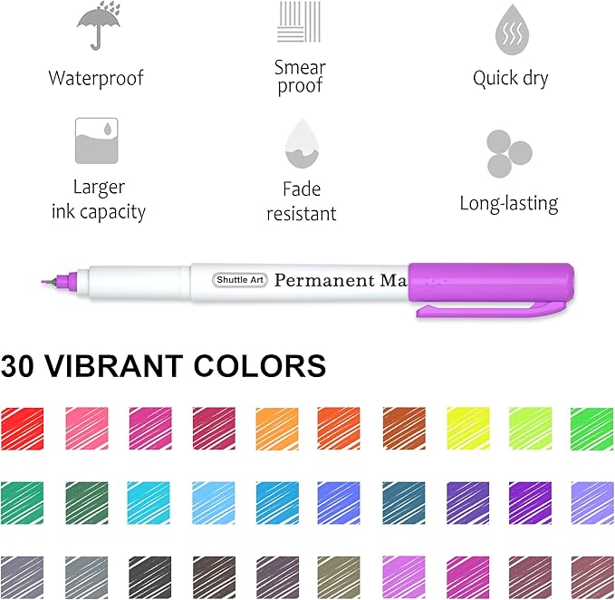 Shuttle Art Permanent Marker, 30 Colors Ultra Fine Point, Assorted Colors, Works on Plastic,Wood,Stone,Metal and Glass for Kids Adult Coloring Doodling Marking