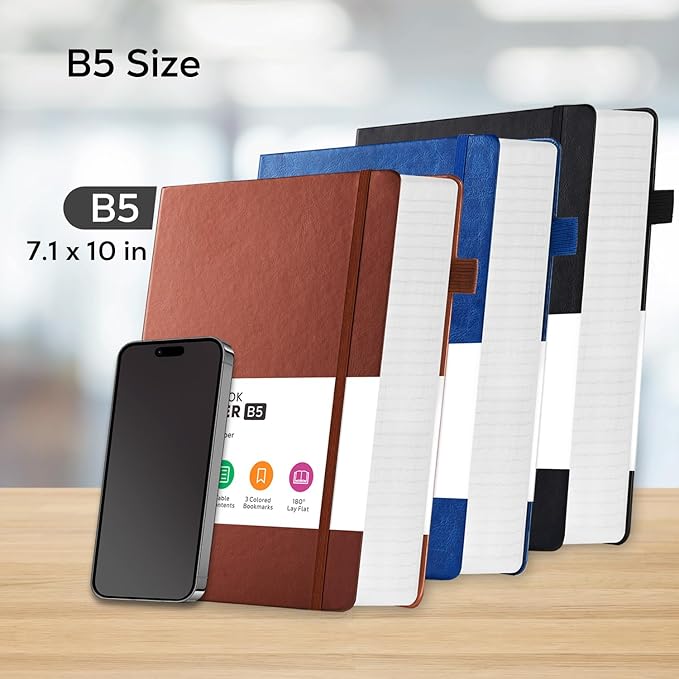 3 Pack Leather Notebooks Journals, Bulk Lined Notebook Journals Set for Women Men Writing, 320 Pages Hardcover B5 College Ruled Notebook Journal Notepad for School Office, Black Blue Brown