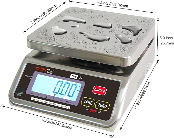TVS Portion control Stainless steel Washdown Scale, Lb/Oz/Kg/g Switchable, Low Profile Design, 60lb Capacity, 0.01lb Readability, Single Display, NTEP Legal for Trade Coc #19-058