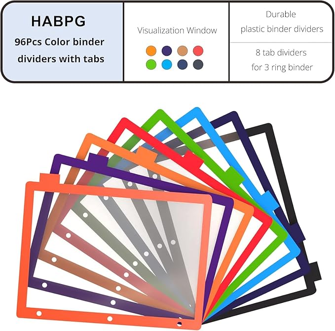 Habgp 96Pcs/12 Set 8 Tab Dividers for 3 Ring Binder, 96 Pcs Clear Color 3 Ring Binder Dividers with Tabs, Page Folder Dividers, Plastic Tabbed File Dividers with Tabs, Three Ring Binder Index Dividers