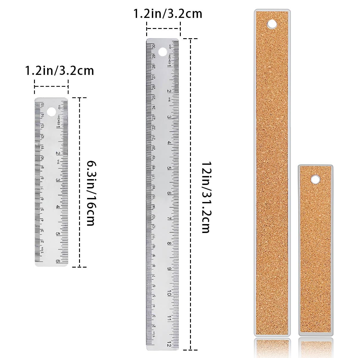 Metal Ruler 6 Inch 12 Inch Stainless Steel Metal Ruler with Cork Backing, Non-Slip Rulers with Inch and Centimeters, Straight Edge Cork Base Rulers for Student School Office Drafting Tools