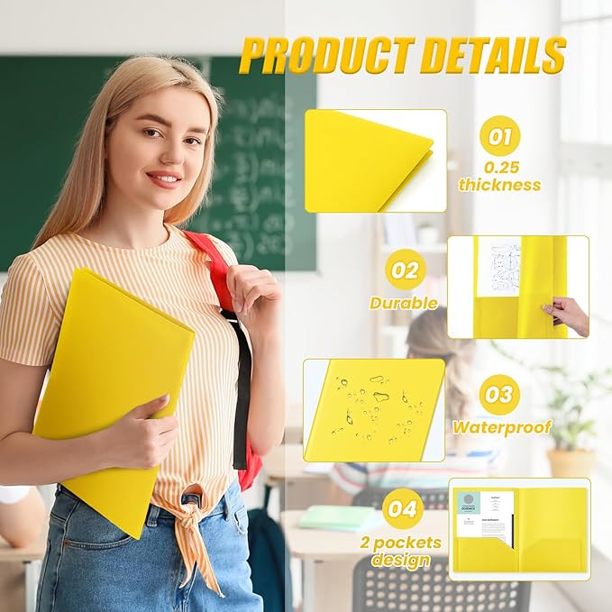 Gueevin 50 Pcs Plastic Folders with Pockets, Two Pocket Folder Fit Letter Size, Heavy Duty School Business Card Holder for Home Office School Bussiness, 11.61 x 9.45 Inches (Yellow)