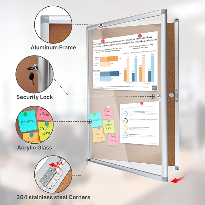 Outdoor Enclosed Cork Bulletin Board Tamper-Proof Dispaly Case, Aluminium Frame, Weatherproof Cork Noticeboard, Enclosed Cork Board for School, Office, Restaurant, Hospital etc（38 * 28inches）
