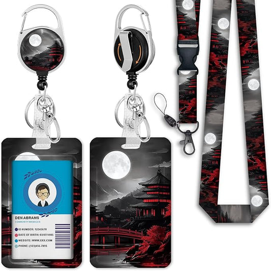 Giancomics Lanyards for Id Badges, Full Moon ID Badge Holder with Retractable Reel, Lanyard with Keychain Clip Name Tag Cute Card Holder for Teacher Women Work Office