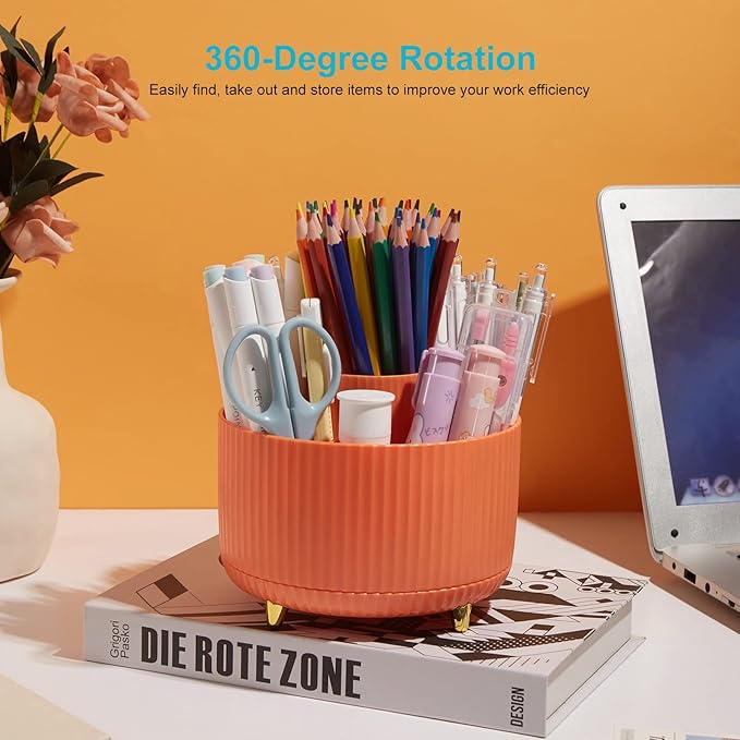 Pencil Pen Holder for Desk, 5 Slots Pencil Organizer Makeup Brush Holder Pen Organizer Pencil Holder for Desk Marker Organizer Office Supplies Organizers for Home Office Art Supply Orange