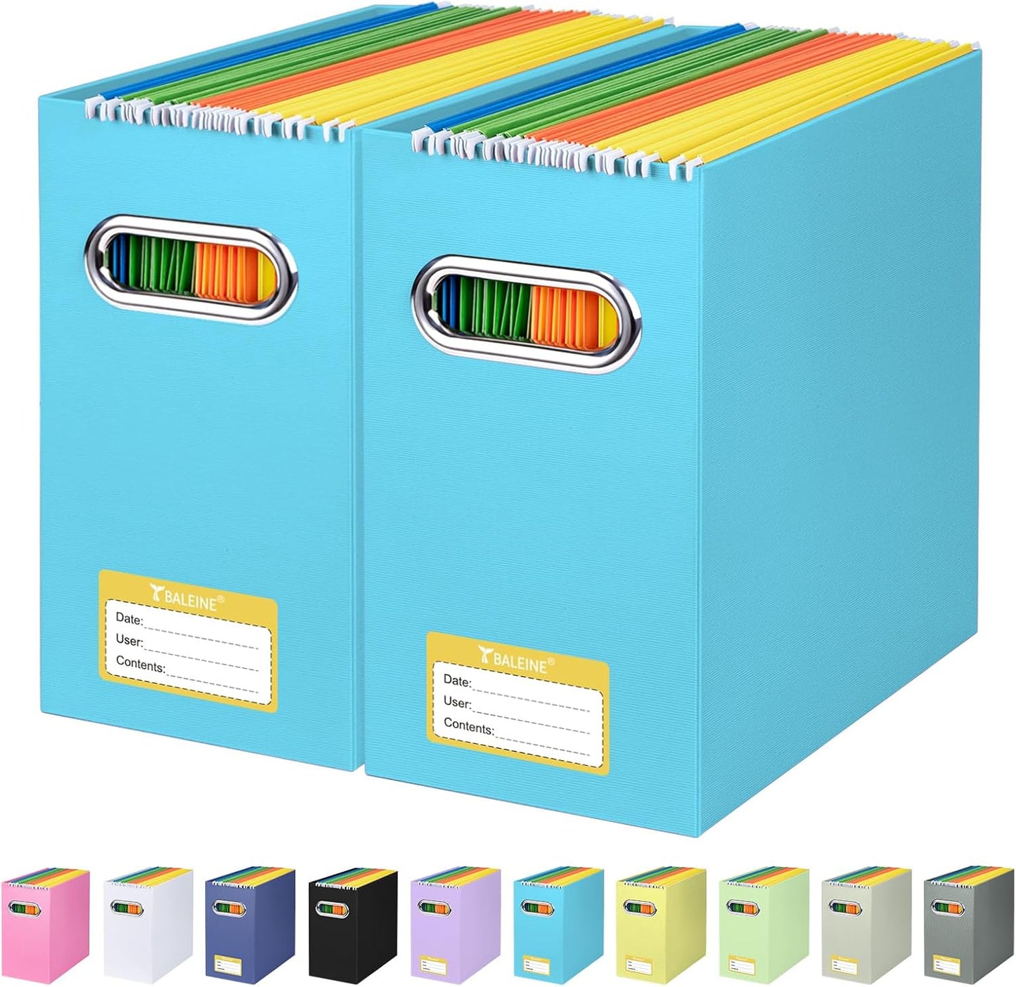 BALEINE File Organizer Box, Cardboard File Folder Organizer with Handle for Letter Size, Portable Collapsible Hanging Filing Box for Home Office Document Storage (2 Pack, Blue)