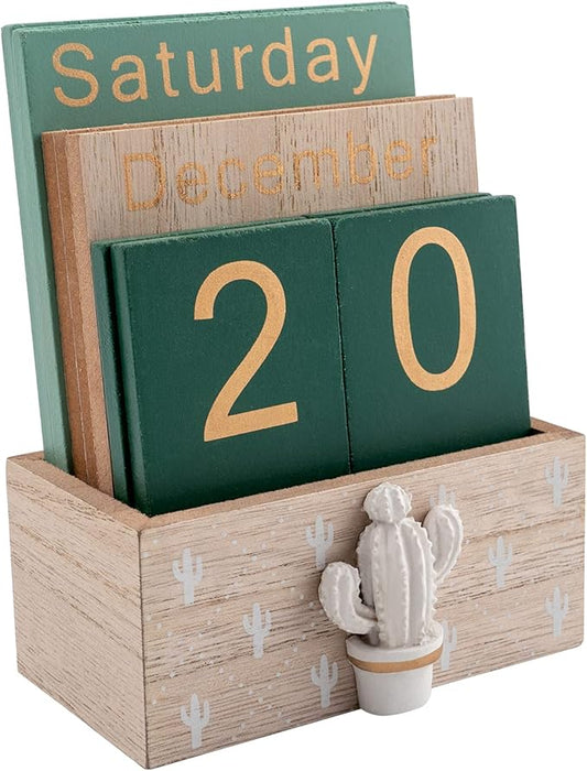 Notakia Perpetual Calendar, Wooden Calendar for Home Office Desk Accessories Vintage Wood Block Calendar(Green)