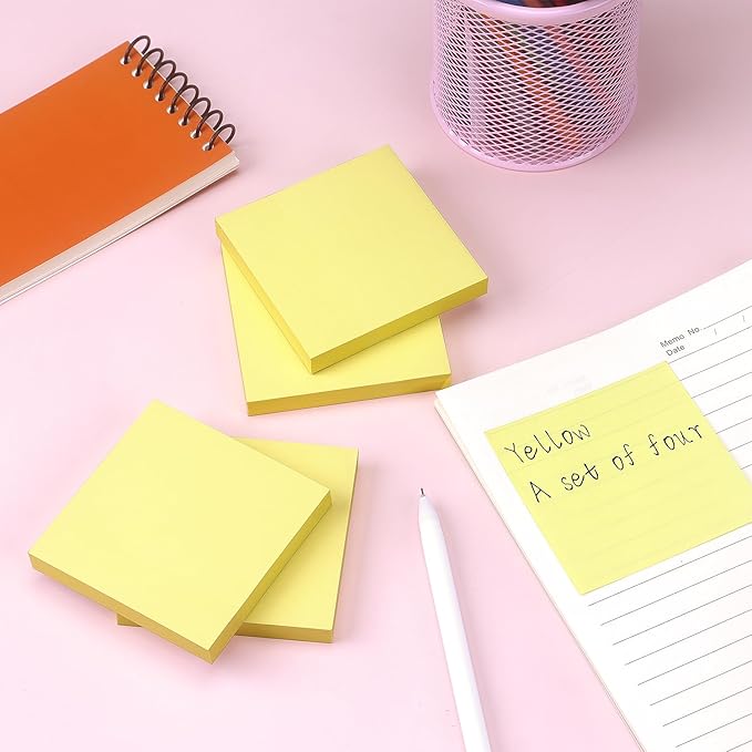 Sticky Notes 3x3 Self-Stick Notes Bright Colors Sticky Notes 4 Pads 100 Sheets/Pad (Yellow)